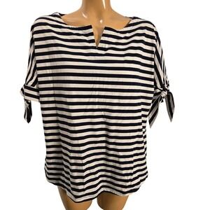 Lands' End Women's Navy‎ Striped  Top, Boat Neck Short Sleeve Tie Detail, Large